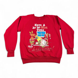 Vintage Christmas Sweater Adult MEDIUM Red Santa Holidays Funny Raglan 90s